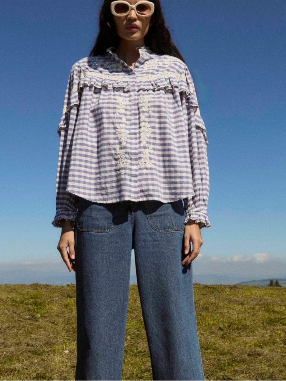 Women Organic Cotton Blouse Noelianne Blue Purple Checks 36 - Picture 2 of 7